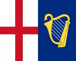 Flag described as "the Parliament Jack", following a decision of the State Council on 23 February 1649: "And that upon the Sterne of the Shipps there shall be the Red Crosse in one Escotcheon, and the Harpe in one other, being the Armes of England and Ireland, both Escotcheons joyned according to the pattern herewith sent unto you.", replaced in 1658.[4][7]