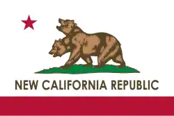 A drawing of a bear with two heads. To the left is a red star. Underneath the two-headed bear are the words NEW CALIFORNIA REPUBLIC.