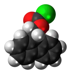Ball-and-stick model of the fluorenylmethyloxycarbonyl chloride molecule
