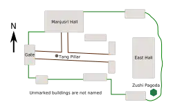 A plan of the temple site shows the placement of the buildings as described in the body of the article