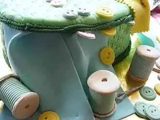 A fondant-covered cake depicting a sewing kit