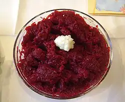 Buraczki – finely chopped warm beetroot salad