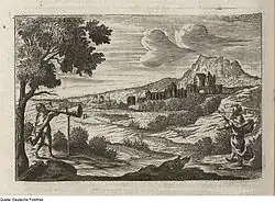 Drawing by Athanasius Kircher, 1684, shows man (left) using megaphone to communicate over distance