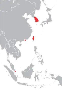 A map showing the Four Asian Tigers. (From top to bottom: South Korea, Taiwan, Hong Kong and Singapore.)