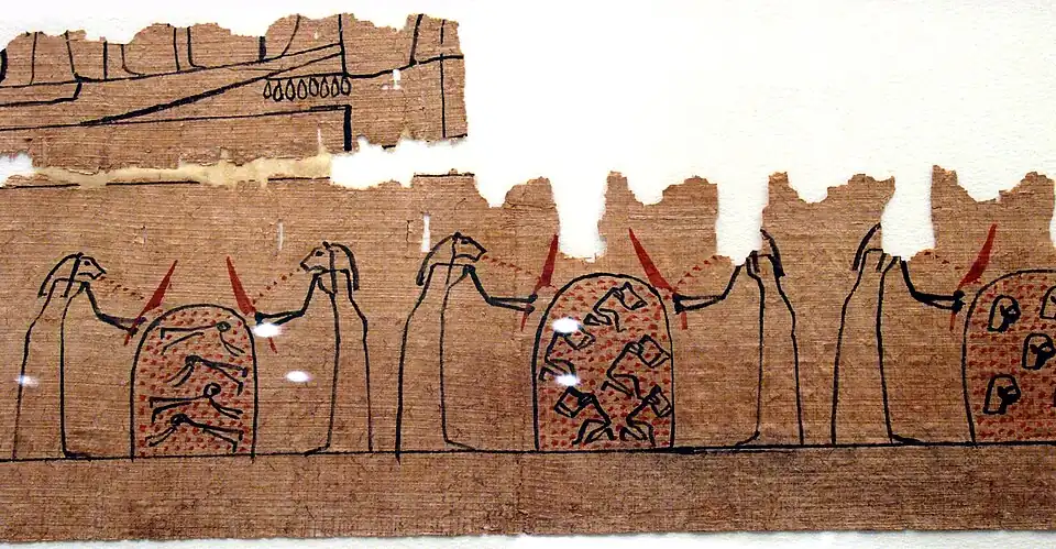Scenes of otherworldly punishment from a papyrus of Amduat (21st Dynasty). Metropolitan Museum of Art, New York City.