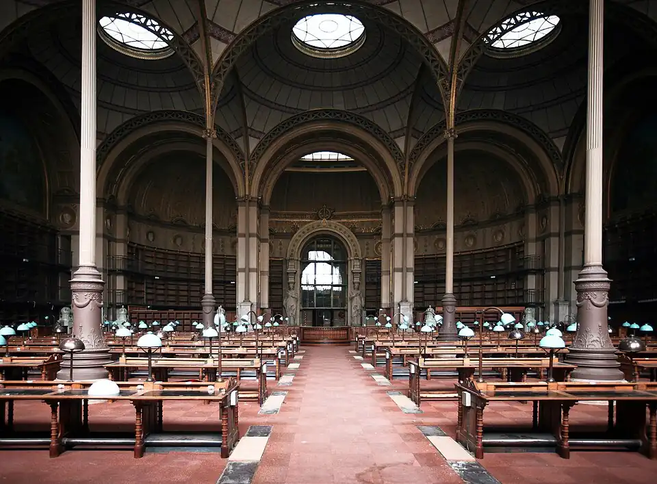 The reading room of the Institut National d'Histoire de l'Art, Richelieu site (1854–1875), was designed by Henri Labrouste