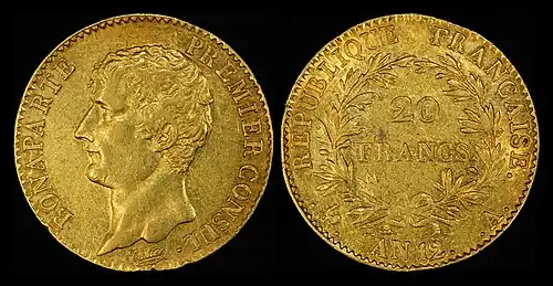 20 gold francs coin of 1803, depicting Napoleon as First Consul