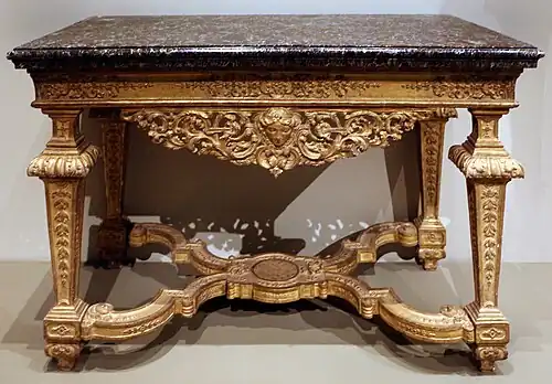 Pier table; 1685–1690; carved, gessoed, and gilded wood, with a marble top; 83.6 × 128.6 × 71.6&nbsp;cm; Art Institute of Chicago, US[125]