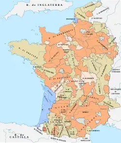 a map of France showing only a small part of the south-west under English control