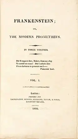 The title page for the original pressing of Frankenstein.