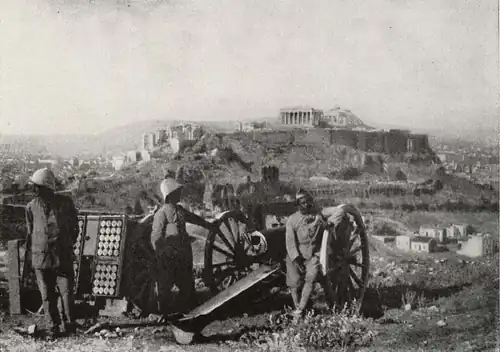 French troops in Athens, with the Acropolis in the background, during the Noemvriana.