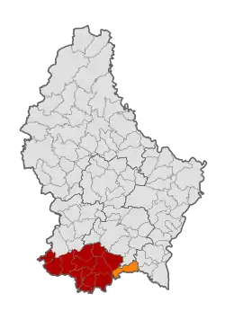 Map of Luxembourg with Frisange highlighted in orange, and the canton in dark red