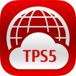 A logo consisting of a red background bearing a white wireframe globe, the bottom half of which is covered by a white cloud. The cloud bears the letters "TPS5" in red.