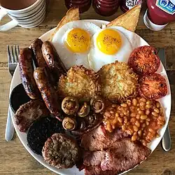 Full English breakfast (19th century) with sausage, bacon, beans and tomatoes (from the Americas, by 18th century[64]) and eggs