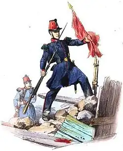 A French soldier takes down a red flag from barricades in Paris during the Revolutions of 1848