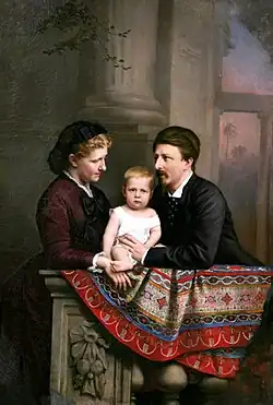 Isabel, Princess Imperial of Brazil (in dark purple dress) with her husband Prince Gaston and their son, the Prince of Grão-Pará at purple dusk (1877)