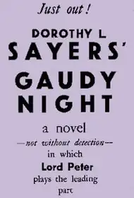 Book cover with name of book and author and description of the book as "A novel—not without detection—in which Lord Peter plays the leading part"