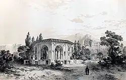 Sketch by Eugène Flandin, 1840. This is the only structure in the complex that still remains.