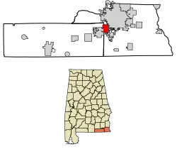 Location of Taylor in Geneva County and Houston County, Alabama.