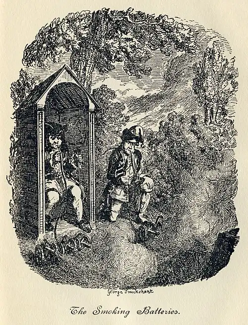 Image 4 The Life and Opinions of Tristram Shandy, Gentleman Illustration: George Cruikshank; Restoration: Adam Cuerden In this scene from Laurence Sterne's The Life and Opinions of Tristram Shandy, Gentleman, Uncle Toby's colonel invents a device for firing multiple miniature cannons at once, based on a hookah. Unfortunately, he and Toby find the puffing on the hookah pipe so enjoyable that they keep setting the cannons off. The novel was published in nine volumes over ten years, starting in 1759. Although it was not always held in high esteem by other writers, its bawdy humour was popular with London society, and it has come to be seen as one of the greatest comic novels in English, as well as a forerunner for many modern narrative devices and styles. More selected pictures