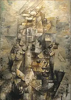 Georges Braque, 1911–12, Man with a Guitar (Figure, L'homme à la guitare), oil on canvas, 116.2 x 80.9&nbsp;cm, Museum of Modern Art
