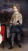 Boy servant wearing close-fitting breeches and petticoat breeches over them, 1657