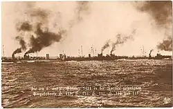 The German Seventh Half Flotilla cruising at sea consisting of five torpedo boats one of which did not take part in the Battle off Texel.
