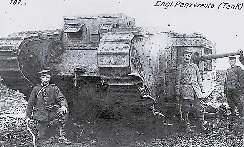 British Mk II tank captured by German troops in April 1917, showing long 57&nbsp;mm naval gun in side sponson
