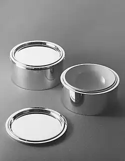 Silver dinnerware with removable, enameled interiors designed for Argenteria Ricci, 1973.