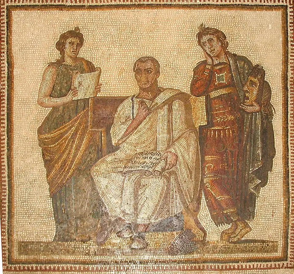 Mosaic of Virgil seated between Clio and Melpomene (from Hadrumetum Sousse). CE 3rd century.