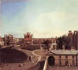 Whitehall and the Privy Garden from Richmond House, Canaletto, 1747, view from Richmond House looking north over the Privy Garden to the Holbein Gate (far left) and Banqueting House (centre, seen end-on).