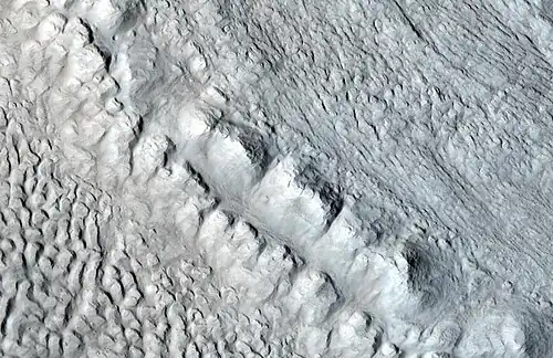 Enlargement of area in rectangle of the previous image. On Earth the ridge would be called the terminal moraine of an alpine glacier. Picture taken with HiRISE under the HiWish program.
