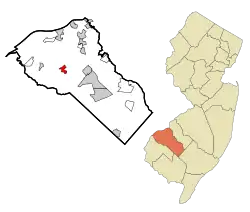 Location of Mullica Hill in Gloucester County highlighted in red (left). Inset map: Location of Gloucester County in New Jersey highlighted in orange (right).