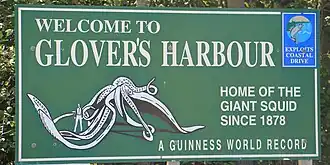 #45 (2/11/1878), Welcome sign from Glovers Harbour (formerly Thimble Tickle), Newfoundland, where the giant specimen of 1878 was found. It has long been regarded by Guinness World Records and its previous incarnations as the largest giant squid ever recorded.