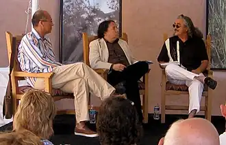 Gerald McMaster (left), Paul Chaat Smith (center), and Joseph Sanchez (right) in a panel discussion, 2008