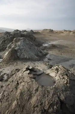 Close view of mud volcanoes on Earth. Location is Gobustan, Azerbaijan.