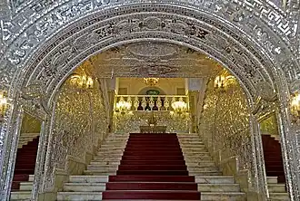 Ayeneh-kari on the stairs leading up to the Salam Hall of Golestan Palace, Tehran