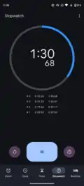 A digital stopwatch application on an Android device.