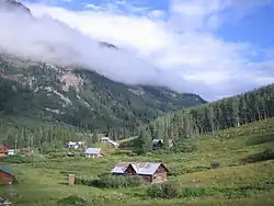Gothic, Colorado, behind some buildings of the Rocky Mountain Biological Laboratory