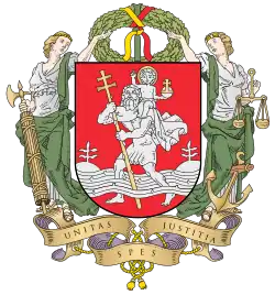 A coat of arms depicting a white man with a white cape holding a golden staff and giving a ride to a white, golden-haloed child on his shoulder