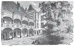 Drawing of large courtyard with trees, flanked by buildings