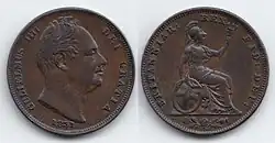a small copper coin with a woman's head on one side and Britannia on the other
