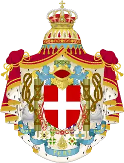 Greater coat of arms with fasces inserted inside as supporters (1929–1944)