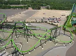Aerial view of green roller coaster