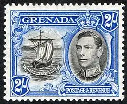 Two shilling stamp from 1943 Grenada depicting then-ruler, King George VI.