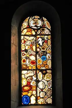 Thin slices of agate set into lead and glass by Sigmar Polke, Grossmünster, Zürich, Switzerland (2009)