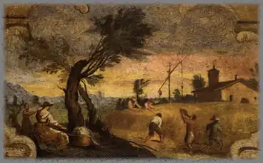 Harvesting (1615–1617, fresco, transferred to canvas, 18 × 23.5&nbsp;cm, Pinacoteca, Cento, Italy). One of the frescoes created (with the assistance of Lorenzo Gennari[4]) for Casa Pannini in Cento.[37]