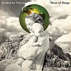 A black-and-white graphic of a woman cradling a child, standing in a mountain range with a green-tinted image of the Earth inset behind her