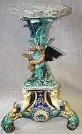 Gustafsberg Jardiniere Stand, coloured glazes, c. 1878, naturalistic with mythological theme, Sweden