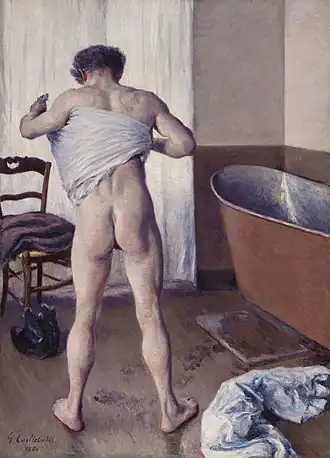 Image 11 Homme au bain Painting: Gustave Caillebotte Homme au bain ("Man at His Bath") is an oil painting completed by the French Impressionist Gustave Caillebotte in 1884. The canvas measures 145 by 114 centimetres (57&nbsp;in ×&nbsp;45&nbsp;in). The painting was held in private collections from the artist's death until June 2011, when it was acquired by the Museum of Fine Arts, Boston. Interpretations of the painting and its male nude have contrasted the figure's masculinity with his vulnerability. More selected pictures